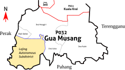 Mapa Lojing względem Gua Musang w południowym Kelantan.  Terytorium Jajahan Kecil Lojing pokrywa się z granicami okręgów wyborczych zgromadzeń stanowych Galas i Nenggiri.