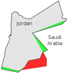 Image showing the approximate land exchanged between Jordan (gaining green) and Saudi Arabia (gaining red) Jordan frontiers-en.svg