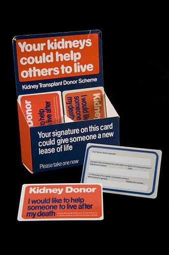 Kidney donor cards from England, 1971–1981. The cards were made to be carried by donors as evidence that they were willing to donate their kidneys should they, for example, be killed in an accident.