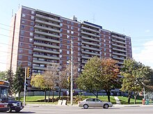 High-rise apartment buildings were erected in West Hill during the 1970s, largely along Kingston Road. Kingston and Morningside Apartments West Hill Scarborough.jpg