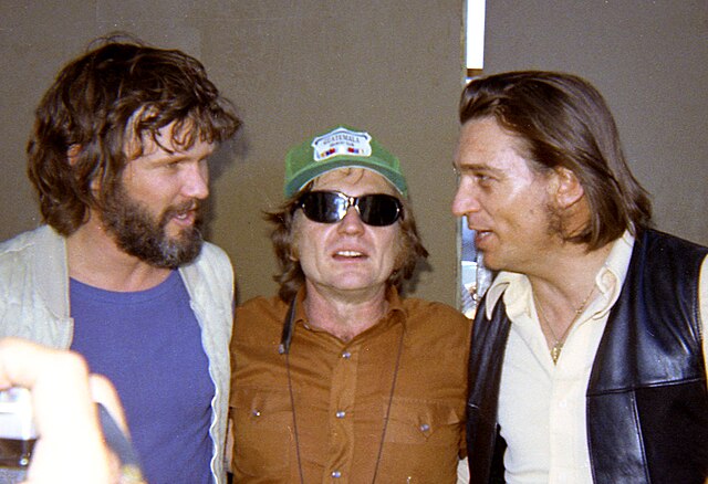 Progressive country musicians (L-R) Kris Kristofferson, Willie Nelson and Waylon Jennings at the Dripping Springs Reunion in 1972.