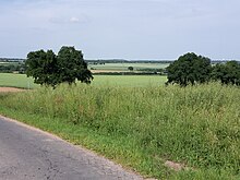 Photographie montrant un paysage de champs et de bois depuis une colline.