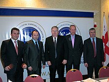 Hubertus van der Vaart Lasha Shanidze, Chief Executive Officer, MCG, Giorgi Arveladze, Minister of Economic Development, Ambassador John Tefft, and Mr Hubertus van der Vaart, Director, SEAF at the project launch (January 31, 2007).jpg