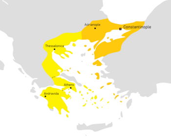 The Latin Empire with its vassals (in brighter yellow) after the Treaty of Nymphaeum in 1214.