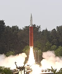 Indian ASAT missile, taking off during test in March 2019 Launch of DRDO's Ballistic Missile Defence interceptor missile for an ASAT test on 27 March 2019.jpg