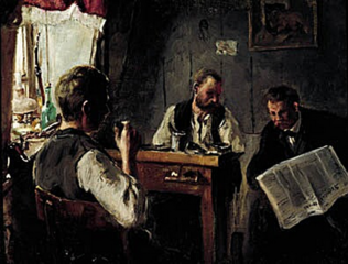 Interior from a shoemaker's home. A man is reading the paper Socialdemokraten for two others.