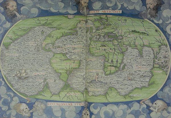 Guillaume Le Testu's 1556 Cosmographie Universel, 4me projection, where the northward extending promontory of the Terre australle is called Grande Jau