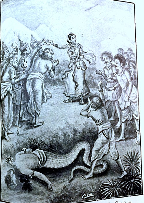 Vishnu took the form of the beauty Mohini and distributed the amrita to devas. When Svarabhānu tried to steal the amrita, his head was cut off.