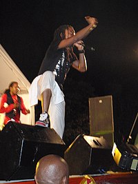 Machel Montano performing at a fete at Brian Lara's house in Barbados (2008) Machel Montano (Barbados 2008 Fete).JPG