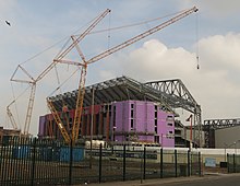 The Main Stand redevelopment in March 2016 Main Stand expansion, Anfield, Liverpool (geograph 4920674) (cropped).jpg