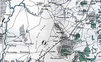 1865 map showing the location of Wacahoota on the south side of Alachua County between Archer and Micanopy (center bottom of the map) Map of Alachua County 1865.jpg