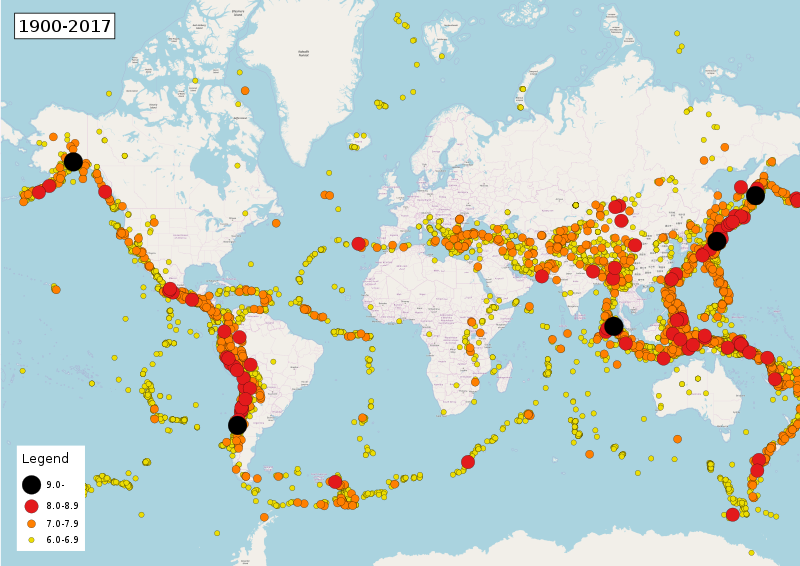 Earthquakes (M6.0+) since 1900 through 2017