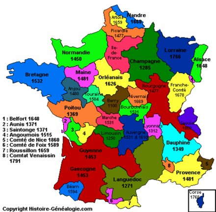 Map of the old provinces of France (Source: Histoire-Généalogique.com)