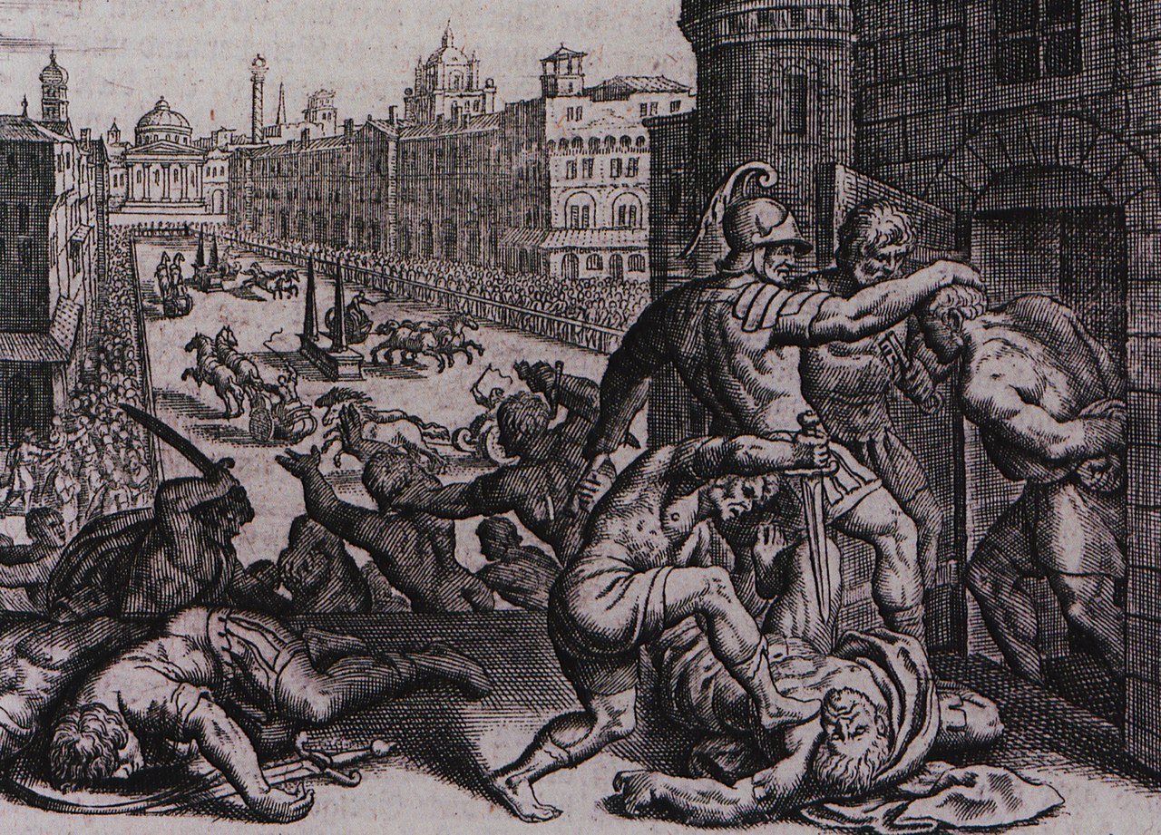 16th century engraving of the massacre of Thessalonica in the hippodrome