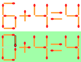 A matchstick puzzle ("Move 1 matchstick to make the equation 6+4=4 valid") and its solution below, implemented using seven-segment displays Matchstick puzzle and solution.png