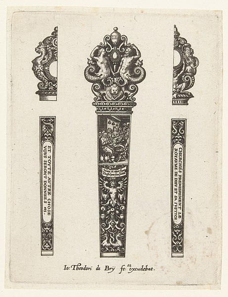 File:Messenheft met grotesken, bovenaan een rechthoek met de bruiloft te Kanaän Heften van messen met grotesken op zwart fond (serietitel), RP-P-BI-5117.jpg