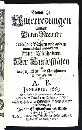 Titelblatt von Band 1 der Monatlichen Unterredungen (2. Auflage 1690)