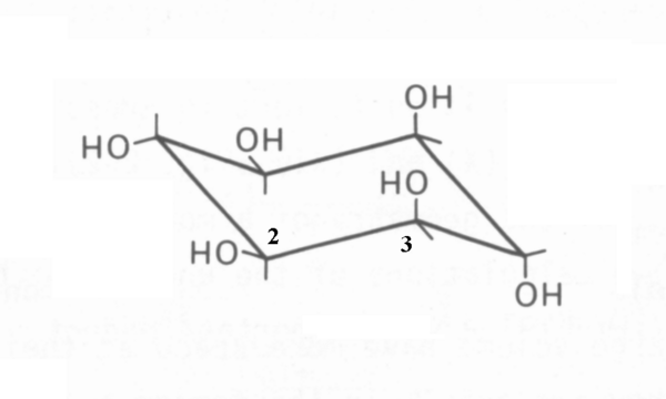 Muco-inositol: note the diaxial or axial-trans-hydroxyl pairs involving #3 and #4 and #4 and #5 hydroxyl groups. Muco-inositol conformation.png