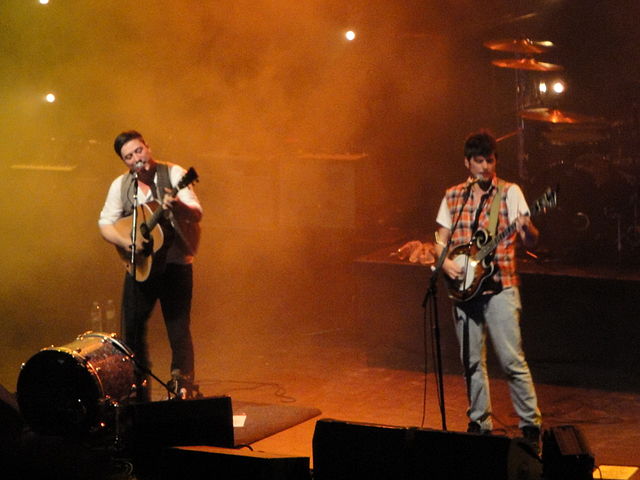 Marcus Mumford and Winston Marshall on stage in Brighton, 4 October 2010