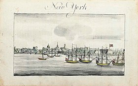 September 1776 view of New York City showing at center left the spire of Trinity Church New York 1776 (maritime journal of Robert Raymond) 092631.jpg