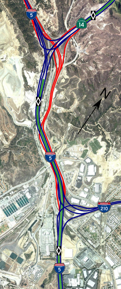 A labeled aerial photograph of the Newhall Pass Interchange showing significant geographic separation between the standard freeway route (blue and green) and the dedicated truck bypass (red). Newhall Pass Interchange.png