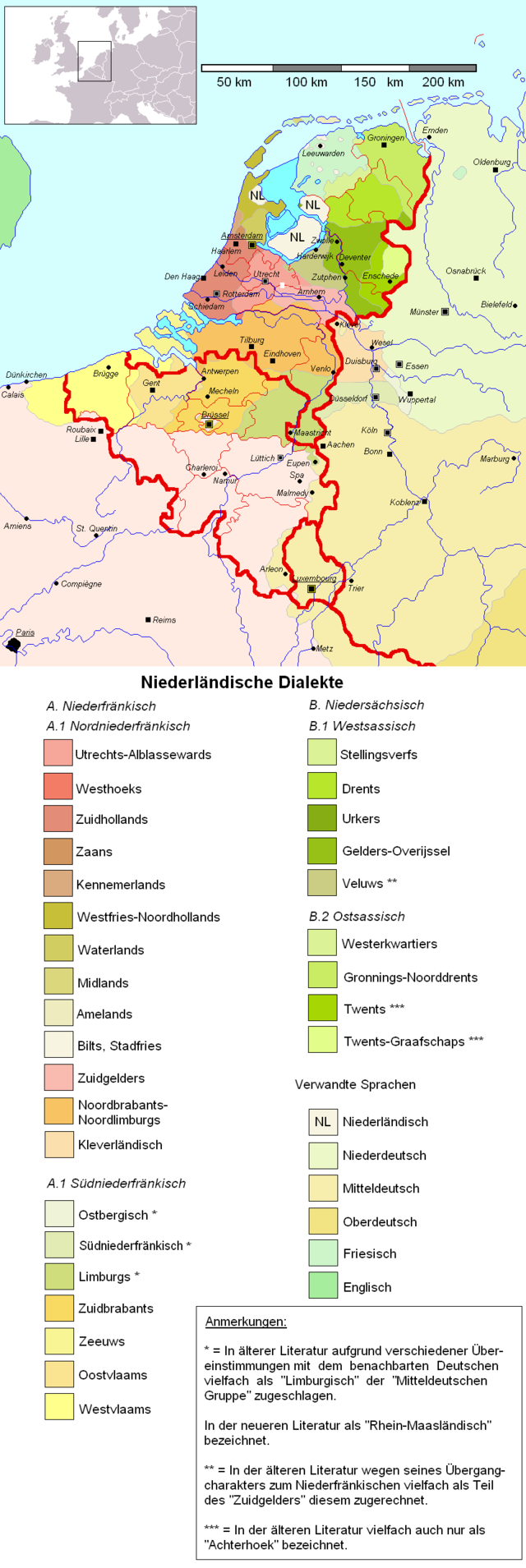 'n Kaart van die Nederlandse dialekte in Nederland, België, Frans-Vlaandere en Duitsland