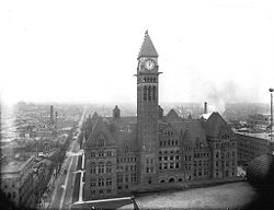 Old City Hall in Toronto in 1907. Its proposed demolition in the 1960s contributed to increased heritage awareness in Ontario, which led to heritage protection measures such as the Ontario Heritage Act. Old City Hall and Terauley Street.jpg