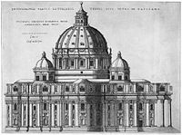 The exterior is surrounded by a giant order of pilasters supporting a continuous cornice. Four small cupolas cluster around the dome.