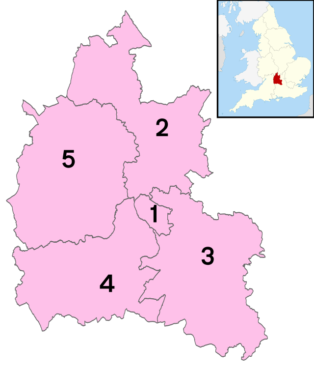 Okruzi:(1) Oxford, (2) Cherwell, (3) Južni Oxfordshire, (4) Vale of White Horse, (5) West Oxfordshire