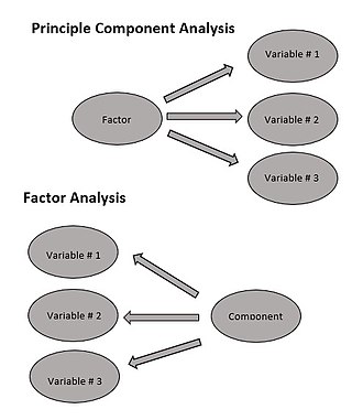 The above picture is an example of the difference between PCA and Factor Analysis. In the top diagram the "factor" (e.g., career path) represents the three observed variables (e.g., doctor, lawyer, teacher) whereas in the bottom diagram the observed variables (e.g., pre-school teacher, middle school teacher, high school teacher) are reduced into the component of interest (e.g., teacher). PCA versus Factor Analysis.jpg