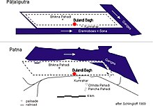 Location of the Pataliputra capital (in red, site of Bulandi Bagh) in the ancient city of Pataliputra and modern Patna, northwest of the main excavation site. Pataliputra patna Bulandi Bagh location.jpg