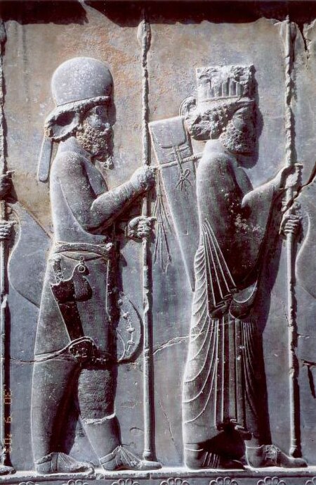 The Apadana Palace, 5th century BCE Achaemenid bas-relief shows a Mede soldier behind a Persian soldier, in Persepolis, Iran