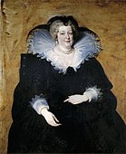 Portrait of Portrait of Marie de' Medici . 1622. oil on canvas medium QS:P186,Q296955;P186,Q12321255,P518,Q861259 130 × 112 cm (51.1 × 44 in). Madrid, Museo del Prado.