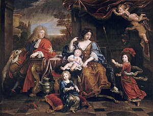 Louis of France, le Grand Dauphin, and his wife Maria Anna Victoria of Bavaria with their three sons: Louis, le Petit Dauphin, Philippe, Duke of Anjou and Charles, Duke of Berry. Painting by Pierre Mignard, 1687. Pierre Mignard - Louis, the Grand Dauphin of France with his Family - Versailles MV 8135.jpg