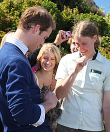 William, Prince of Wales holding a kiwi at a Department of Conservation event in 2010 Prince William holding a kiwi (4289520964).jpg