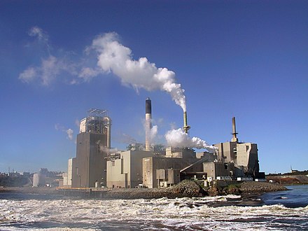 A pulp and paper mill in New Brunswick, Canada. Although pulp and paper manufacturing requires large amounts of energy, a portion of it comes from burning wood residue.