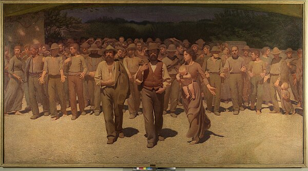 The initial credits are displayed over a zoom out of Giuseppe Pellizza da Volpedo's The Fourth Estate.