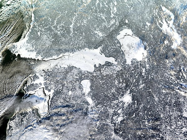 Satellite image showing the gulf entirely frozen over in January 2003