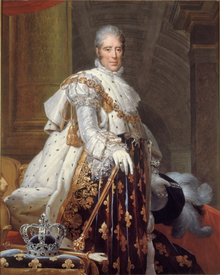 tableau XIXe : portrait d'un homme grisonnant, en manteau à fleurs de lys, devant lui, sa couronne et son sceptre sur un coussin