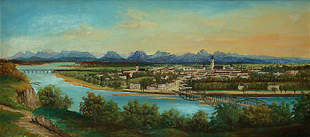 Rosenheim in the 19th century; the Inn river in the foreground; the Alps in the background