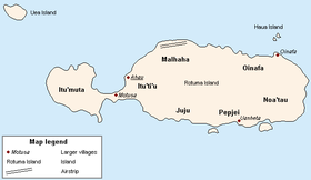 रोतुमा का आरेखीय मानचित्र जिसमें ज़िले व मुख्य गाँव अंकित हैं