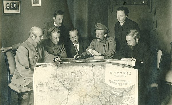 Central Committee of the exile Communist Party of Finland (SKP) in Moscow, 1920. From left to right: K. M. Evä, Jukka Rahja, Jalo Kohonen, Kullervo Ma