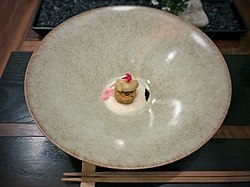 Saki Zuke Kumamoto oyster, turnip gelee, mochi with shiitake mushroom, pickled radish, turnip puree (26029020518).jpg