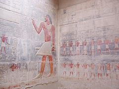 Bas-reliefs peints dans le mastaba du vizir Kagemni à Saqqarah (VIe dynastie).