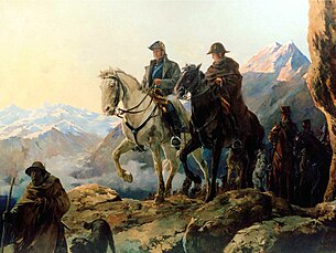 General San Martin and General O'Higgins leading the crossing of the Andes, painting by Julio Vila y Prades San Martin cruzando los Andes.jpg