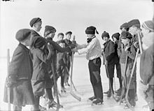 A group of boys picking teams for a game of shinny, Sarnia, Ontario, 1908 Sarnia Shinny.jpg