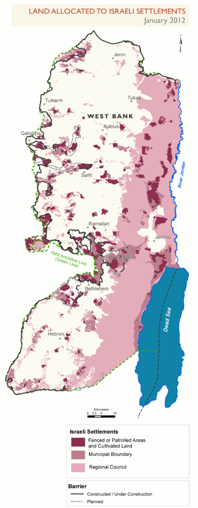 Parts of the West Bank allocated to the settlements, as of January 2012 (in pink and purple color). Access is prohibited or restricted to Palestinians.