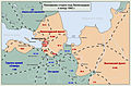 Kartta Leningradin alueen piirityksestä. Piiritysalueella oli viisi Neuvostoliiton armeijaa, joiden vahvuus oli noin 200 000 sotilasta.