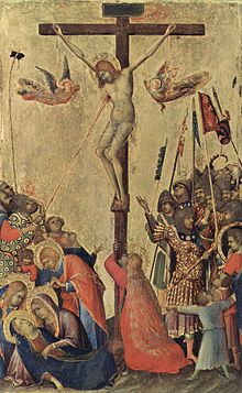 Christ en croix sur fond doré entouré d'une foule et de deux anges