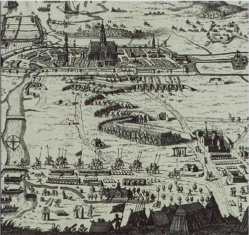 A sketch of the siege of Haarlem seen from the North, with Het Dolhuys on the right, and the river Spaarne on the left